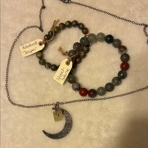 Jasper and Bloodstone Beaded Bracelets With Cresent Moon And Calcite Necklace